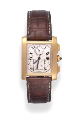 Lot 169 - An 18ct Gold Calendar Chronograph Wristwatch, signed Cartier, model: Cartier Tank Francaise,...