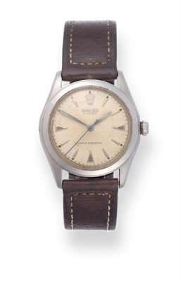 Lot 176 - A Stainless Steel Centre Seconds Wristwatch, signed Rolex, Oyster, Shock Resisting, ref: 6082,...
