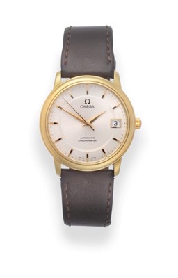 Lot 180 - An 18ct Gold Automatic Calendar Centre Seconds Wristwatch, signed Omega, Chronometer, model: De...