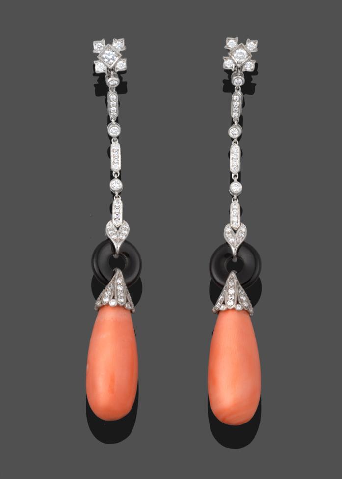 Lot 215 - A Pair of Diamond, Onyx and Coral Earrings, a cluster of diamonds in square settings to create...