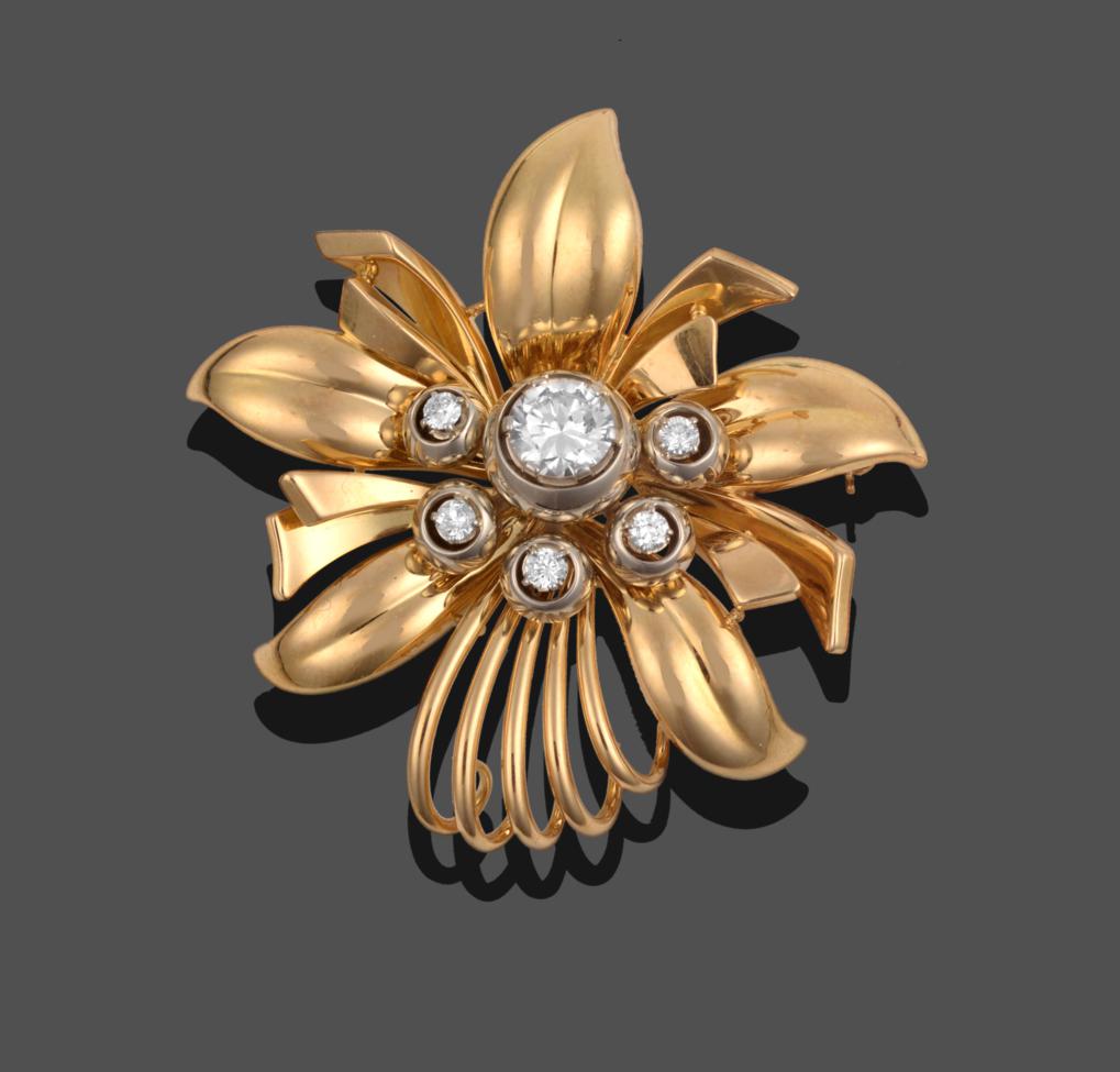 Lot 233 - A Diamond Brooch, the stylised flower with round brilliant cut diamonds set centrally, total...