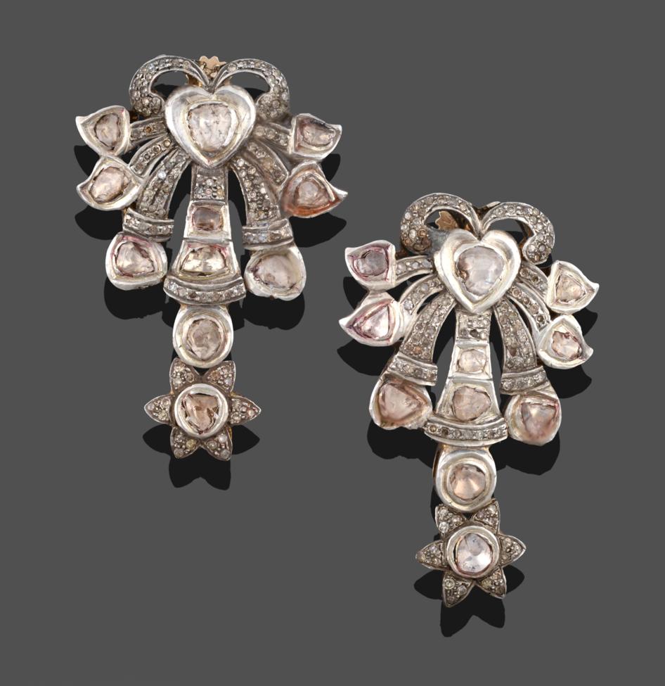 Lot 237 - A Pair of Diamond Earrings, in the Moghal Style, diamonds cut in a naive manner, and eight-cut...