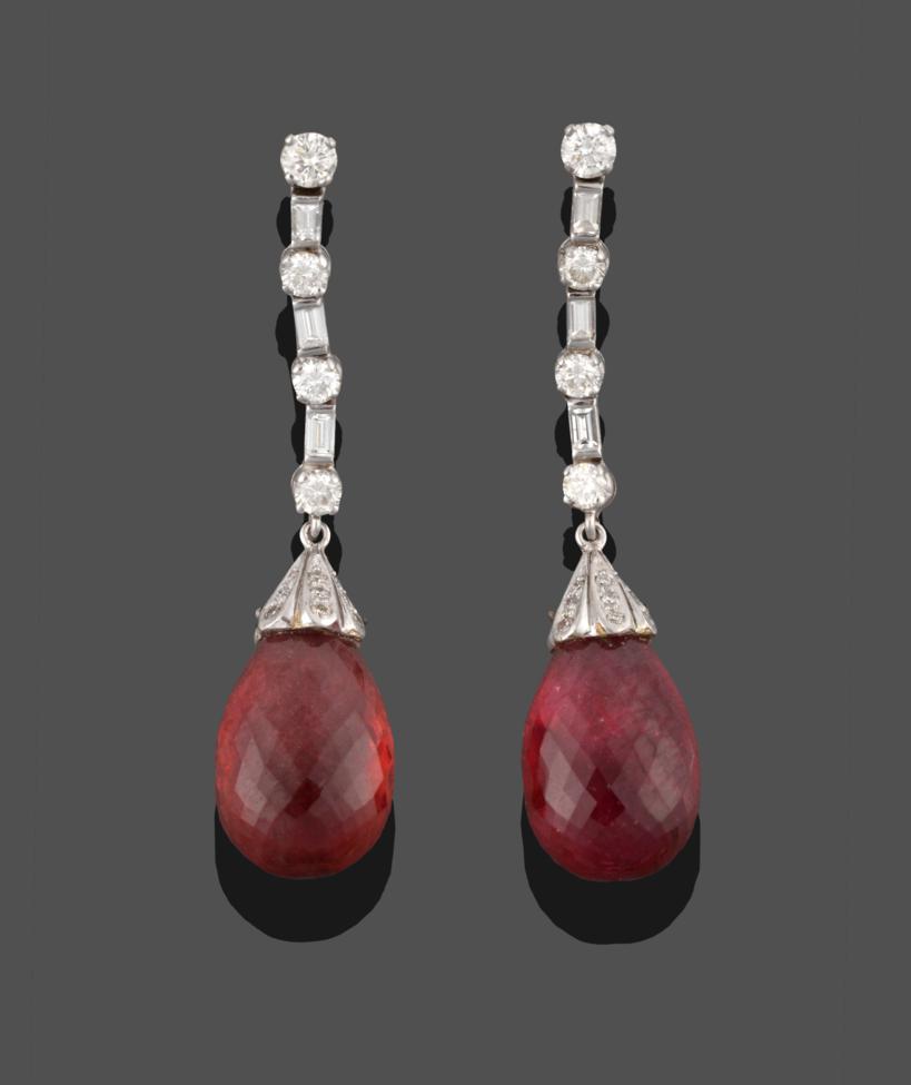 Lot 243 - A Pair of 18 Carat White Gold Pink Tourmaline and Diamond Drop Earrings, a row of articulated round