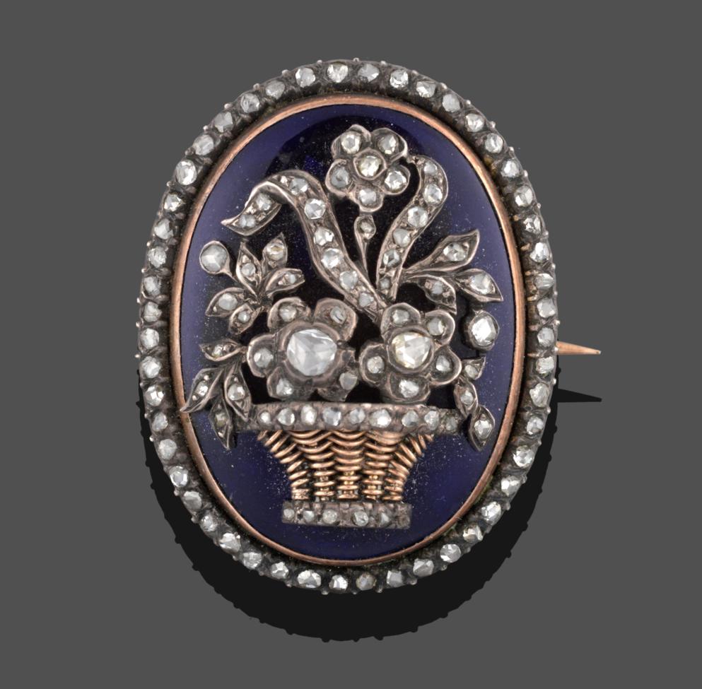Lot 246 - An Enamel and Diamond Brooch, circa 1850, a flower basket design inset with rose cut diamonds on an