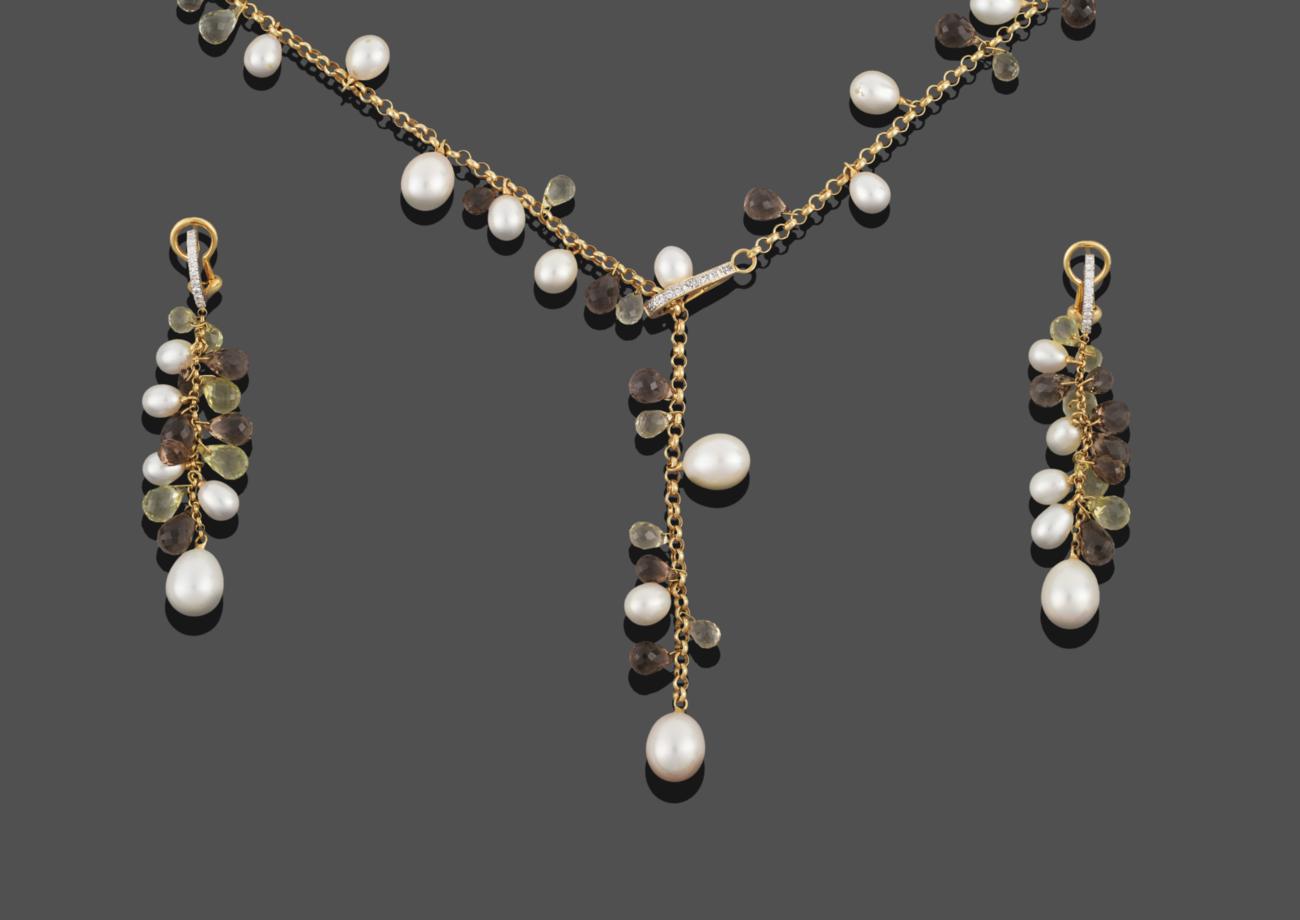 Lot 247 - A Smokey Quartz, Citrine and Pearl Necklace and Earring Suite, the necklace comprises a belcher...