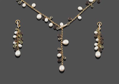 Lot 247 - A Smokey Quartz, Citrine and Pearl Necklace and Earring Suite, the necklace comprises a belcher...