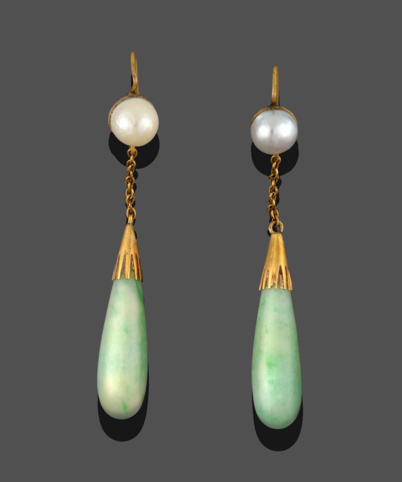 Lot 250 - A Pair of Pearl and Jade Drop Earrings, the three-quarter pearls suspend chain links to a cup...