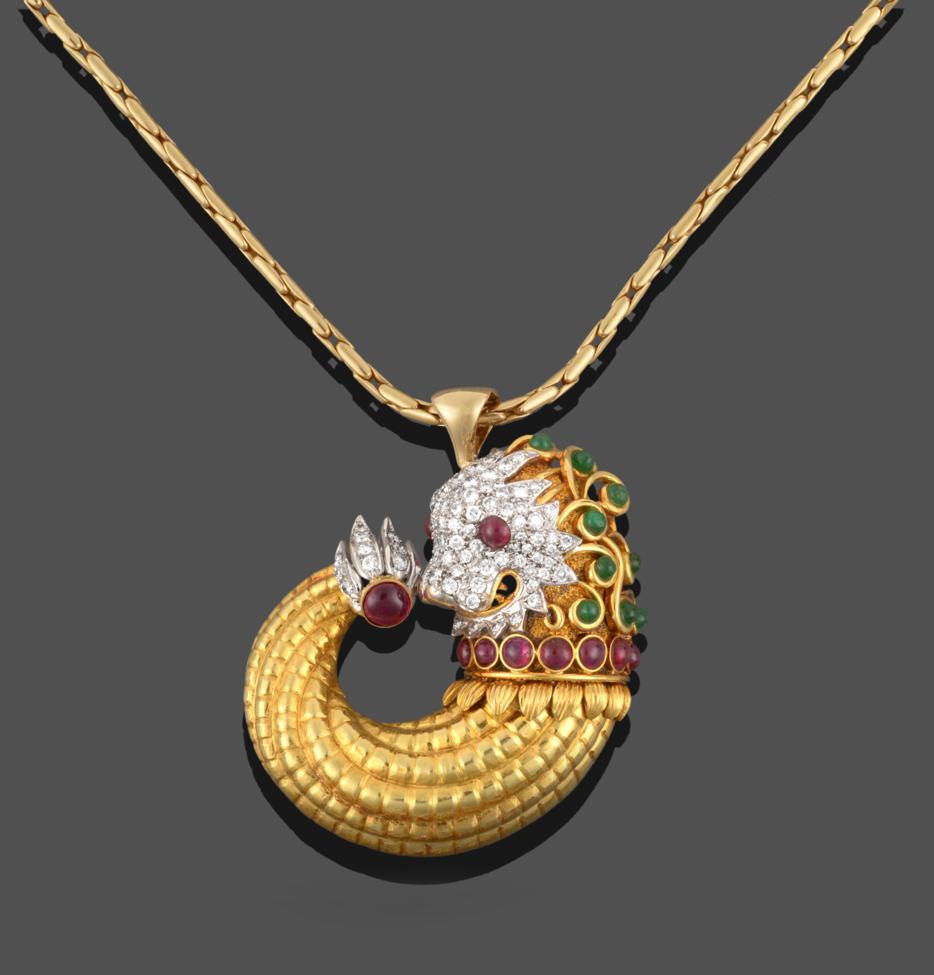 Lot 261 - A Chimera Pendant on Chain, set with cabochon rubies and emeralds and pavé set round brilliant cut