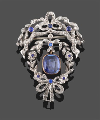 Lot 271 - A Synthetic Sapphire and Diamond Garland Brooch, with bow, foliate and swag motifs, measures...