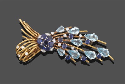 Lot 275 - A Sapphire, Diamond and Aquamarine Brooch, circa 1960, in a spray form, with a sapphire and diamond