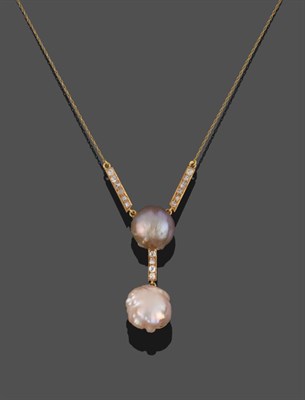 Lot 285 - A Pearl and Diamond Pendant Necklace, two diamond set bars suspend a grey-brown button pearl, a...