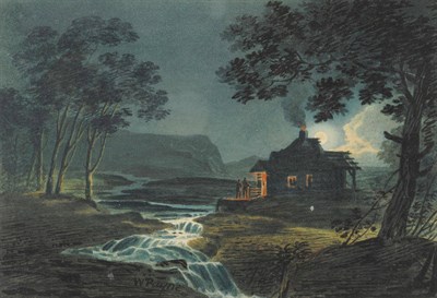 Lot 618 - William Payne (c.1760-c.1830) Moonlight scene with figures beside a cottage Watercolour, 12cm...