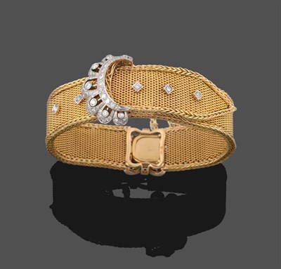 Lot 294 - A Diamond Bracelet, the broad yellow bracelet of mesh links, with a foxtail link border, formed...