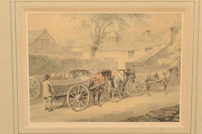 Lot 619 - Samuel Howitt (1756-1822) Farmer with horse drawn carts beside buildings Signed and dated 1796,...