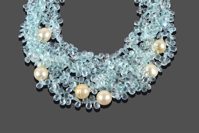 Lot 296 - An Aquamarine and South Sea Cultured Pearl Torsade Necklace, multiple rows of faceted pear...