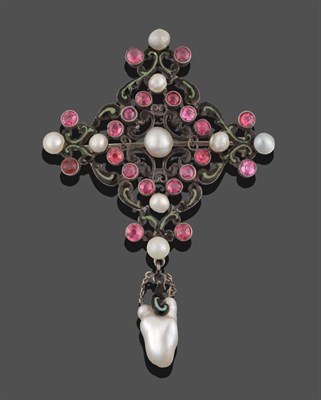 Lot 303 - A Red Stone, Pearl and Enamelled Brooch, the cruciform shape inset with red stones, button...