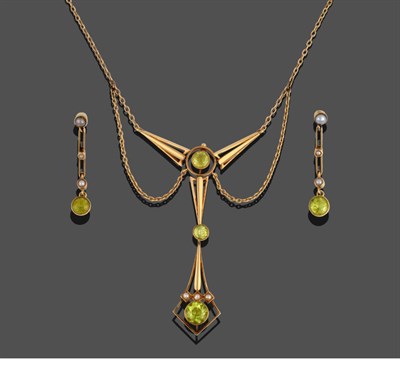 Lot 307 - A Peridot and Seed Pearl Necklace and Earring Suite, circa 1900, the necklace of...