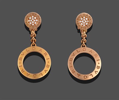 Lot 309 - A Pair of 18 Carat Rose Gold Diamond Drop Earrings, by Bulgari, twelve round brilliant cut diamonds