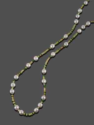 Lot 310 - A Peridot, Chrome Diopside, Opal and Cultured Pearl Necklace, faceted peridot beads, faceted chrome