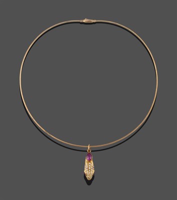 Lot 316 - An 18 Carat Gold Diamond and Ruby Set Snake Pendant on Collar, the snake's head set with a cabochon