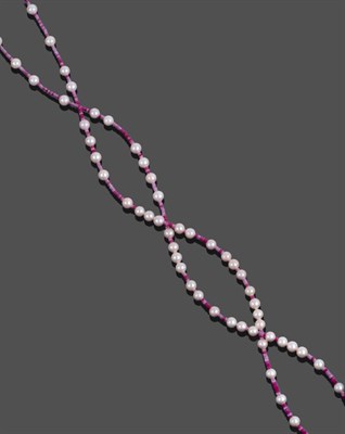 Lot 337 - A Ruby, Pink Sapphire and Cultured Pearl Necklace, faceted ruby and pink sapphire roundel beads...