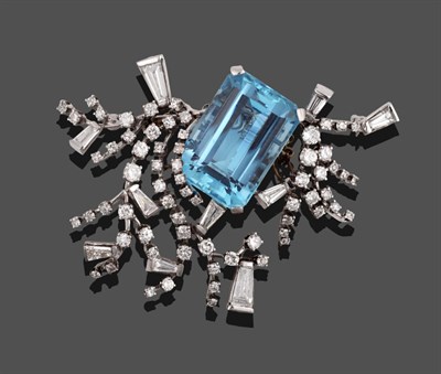 Lot 342 - A Mid 20th Century Aquamarine and Diamond Brooch, the emerald-cut aquamarine within a spray...