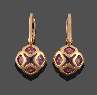 Lot 344 - A Pair of 18 Carat Rose Gold Amethyst ''Imperiale'' Earrings, by Chopard, a cushion cut...