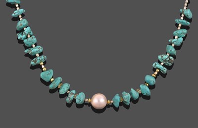 Lot 345 - A Turquoise, Citrine and Cultured Pearl Necklace, irregular turquoise beads and faceted citrine...