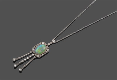 Lot 357 - An Art Deco Opal and Diamond Pendant on Chain, three diamonds suspend a plaque with an oval...