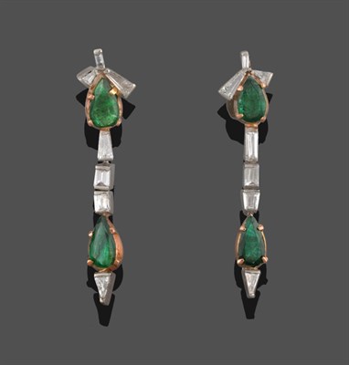 Lot 374 - A Pair of Diamond and Emerald Drop Earrings, set with pear cut emeralds and tapered and...