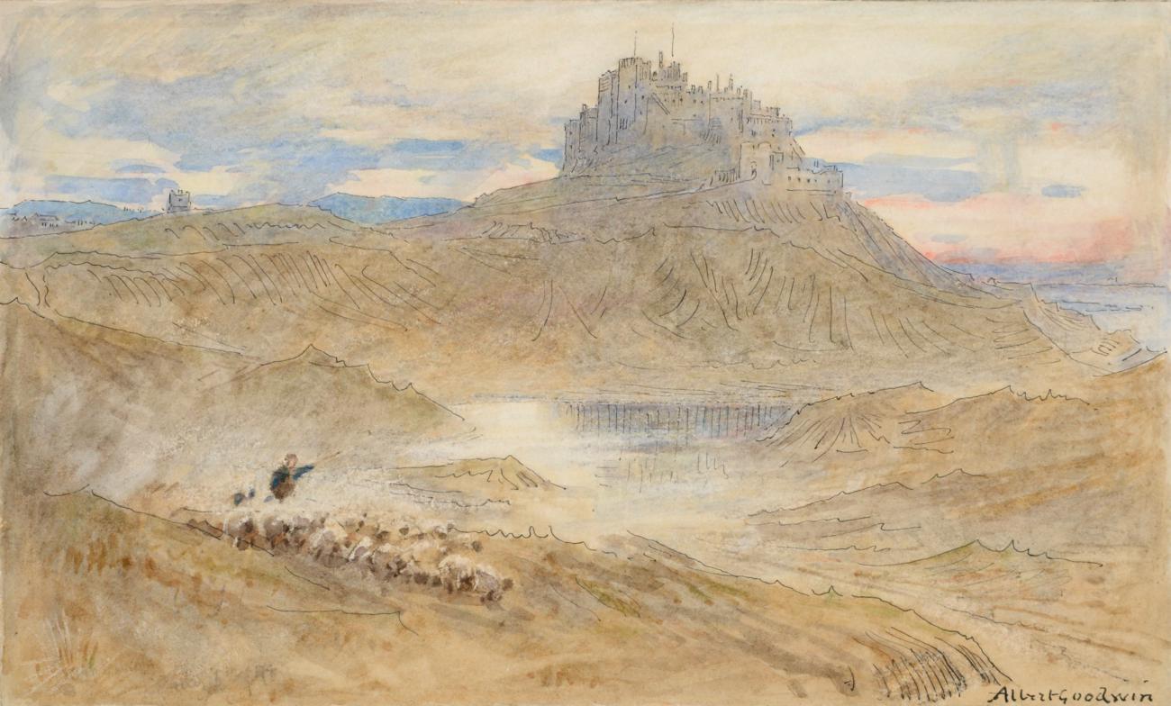 Lot 501 - Albert Goodwin RWS (1845-1932)  Bamburgh Castle Signed and inscribed in pencil Aug 5/94, mixed...