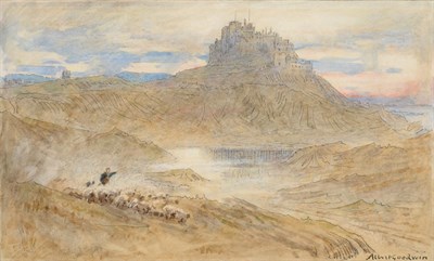 Lot 501 - Albert Goodwin RWS (1845-1932)  Bamburgh Castle Signed and inscribed in pencil Aug 5/94, mixed...