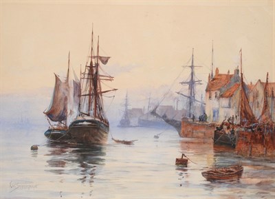Lot 502 - Frederick William Scarborough (1860-1939)  Shipping off coast at dawn, possibly Whitby Signed,...