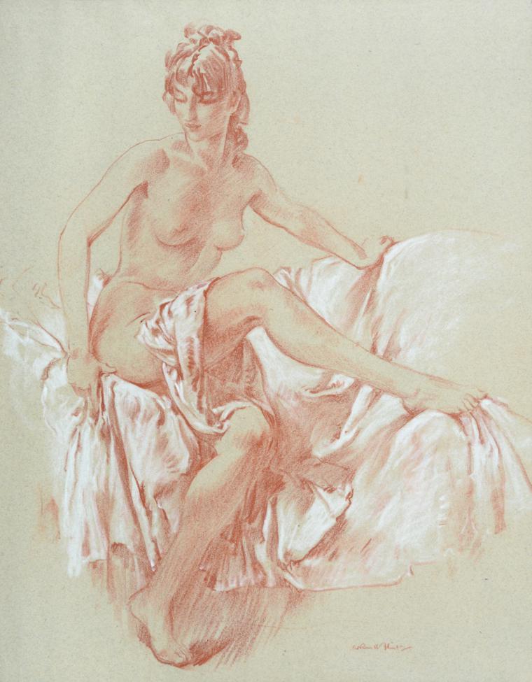 Lot 511 - Sir William Russell Flint (1880-1969) ''Nude'' (possibly Cecilia) Signed, red conte crayon...