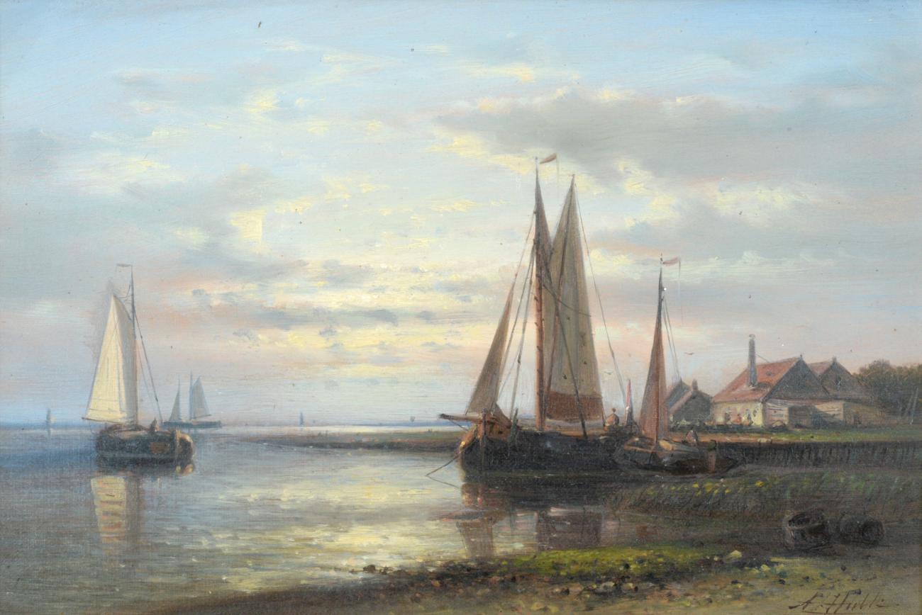 Lot 515 - Abraham Hulk Snr. (1813-1897) Dutch Beached sailing ships Signed, oil on canvas, 19.5cm by...