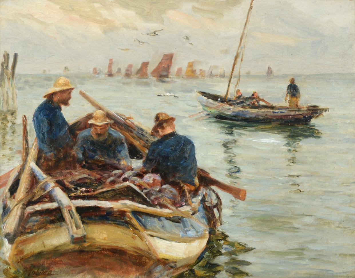 Lot 516 - Robert Jobling (1841-1923) ''The Fishermen'' Signed, oil on canvas, 34cm by 44cm  See illustration