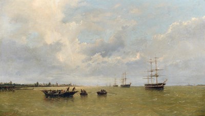 Lot 517 - Louis de Burbure (1837-1872) Belgian  Masted ships and other vessels off the coast in a calm...