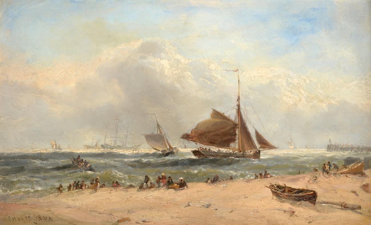 Lot 518 - Edwin Hayes RHA, RI, ROI (1819-1904) Figures on a beach awaiting the return of ships from a...