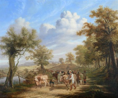 Lot 524 - William Smith (fl.1813-1859)  Countryfolk droving cattle on wooded pathway  Signed and dated...