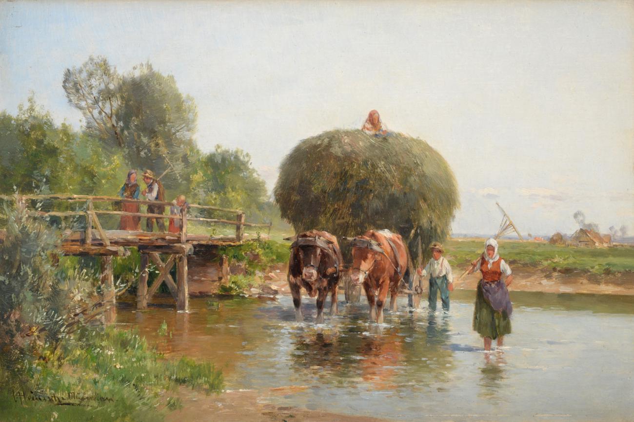 Lot 527 - Karl Adam Heinisch (1847-1923) German Figures and a hay cart crossing a stream Signed, with...