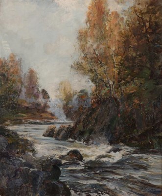 Lot 530 - Archibald Kay (1860-1935) River landscape Signed, with fragments of an original label verso, oil on