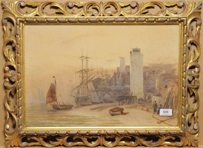 Lot 630 - William James Callcott (1843-1890) Harbour scene at low tide with figures and fishing boats Signed