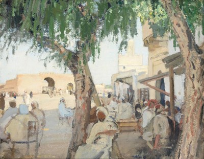 Lot 532 - Henry Bishop (1868-1939) North African square with figures seated outside a souk  Signed, oil...