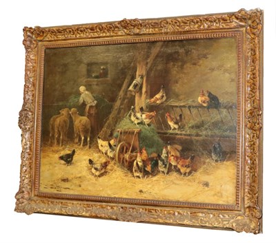 Lot 534 - Jules Bahieu (fl.1860-1895) Belgian Chicken and sheep in a barn Signed, oil on canvas, 47.5cm...