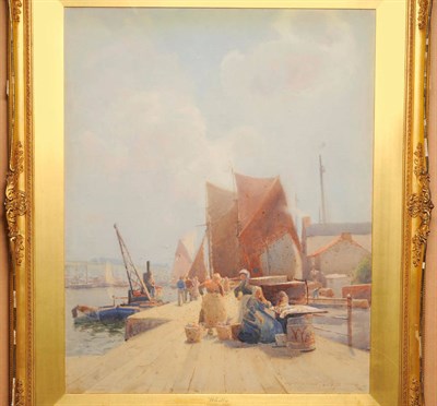 Lot 632 - Hubert Coop RBA (1872-1953) "Whitby", figures sorting the catch on the pier Signed, inscribed...