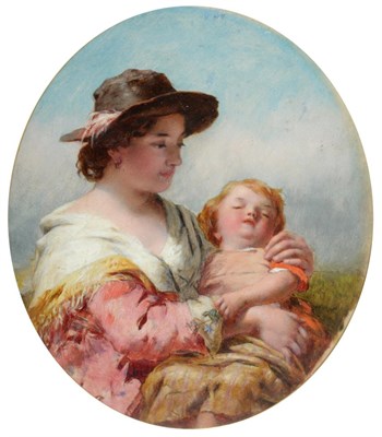 Lot 553 - James John Hill RBA (1811-1882)  Mother holding her sleeping child Oil on panel, 15cm dia....