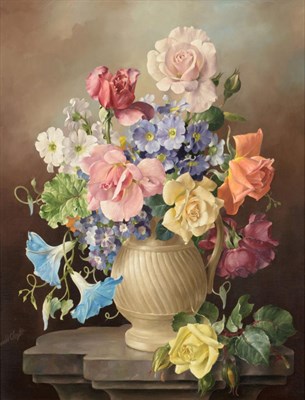 Lot 557 - Harold Clayton (1896-1979) Still life of roses and morning glory in a gadrooned vase on a stone...