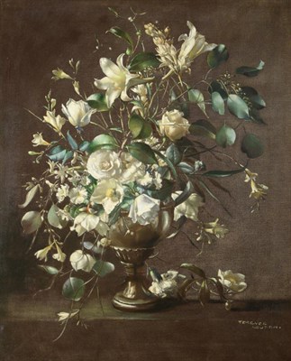 Lot 559 - Terence Loudon (1900-1949)  Still life of white lilies, roses and freesia in a vase on a ledge...