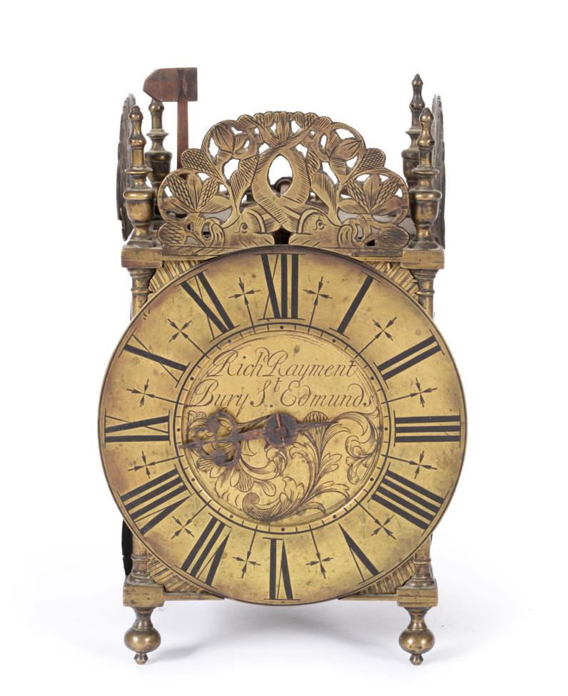 Lot 568 - ~ A Brass Striking Lantern Clock, signed Richard Rayment, Bury St Edmunds, early 18th century,...