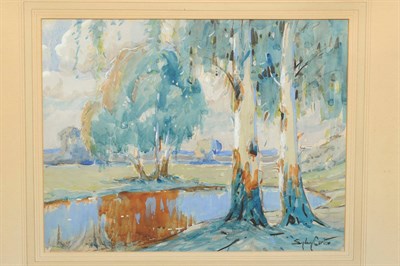 Lot 635 - Sydney Carter (1874-1945) Gum trees beside a pond Signed, pencil and watercolour heightened...